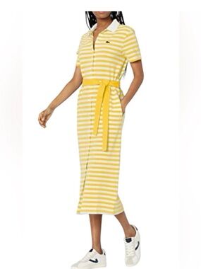 Lacoste Yellow & White Striped Polo Dress with Tie Waist